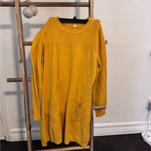 Yellow Knit Sweater Dress and forest green mossimo short sleep blouse.
